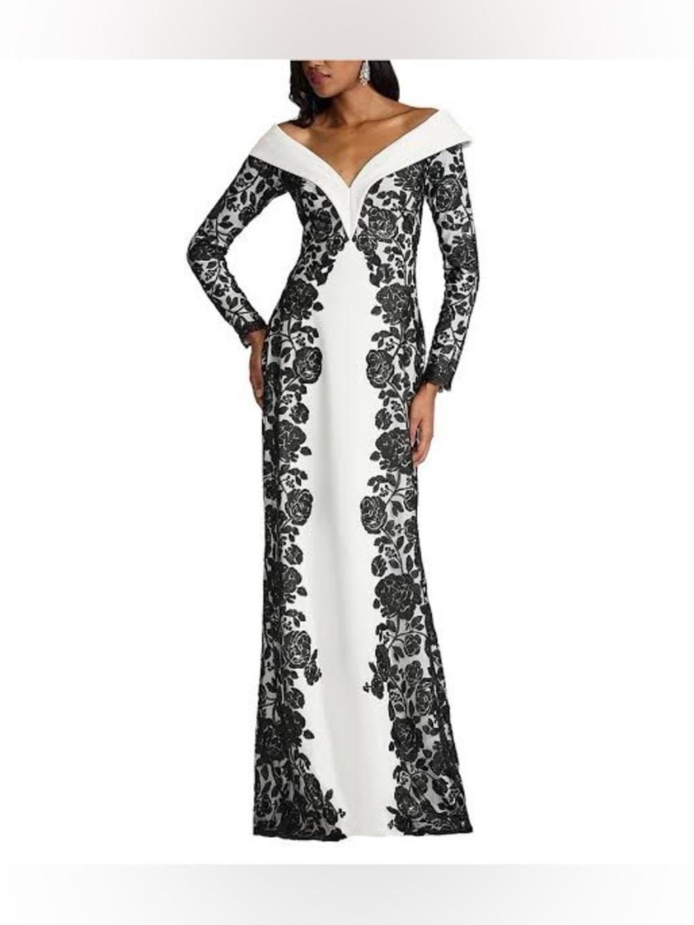 TADASHI SHOJI - PORTRAIT COLLAR LONG SLEEVE EMBROIDERED LACE TEXTURED CREPE GOWN